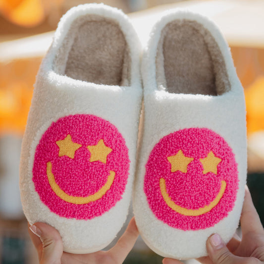 Hot Pink Star Eyes Happy Face Slippers